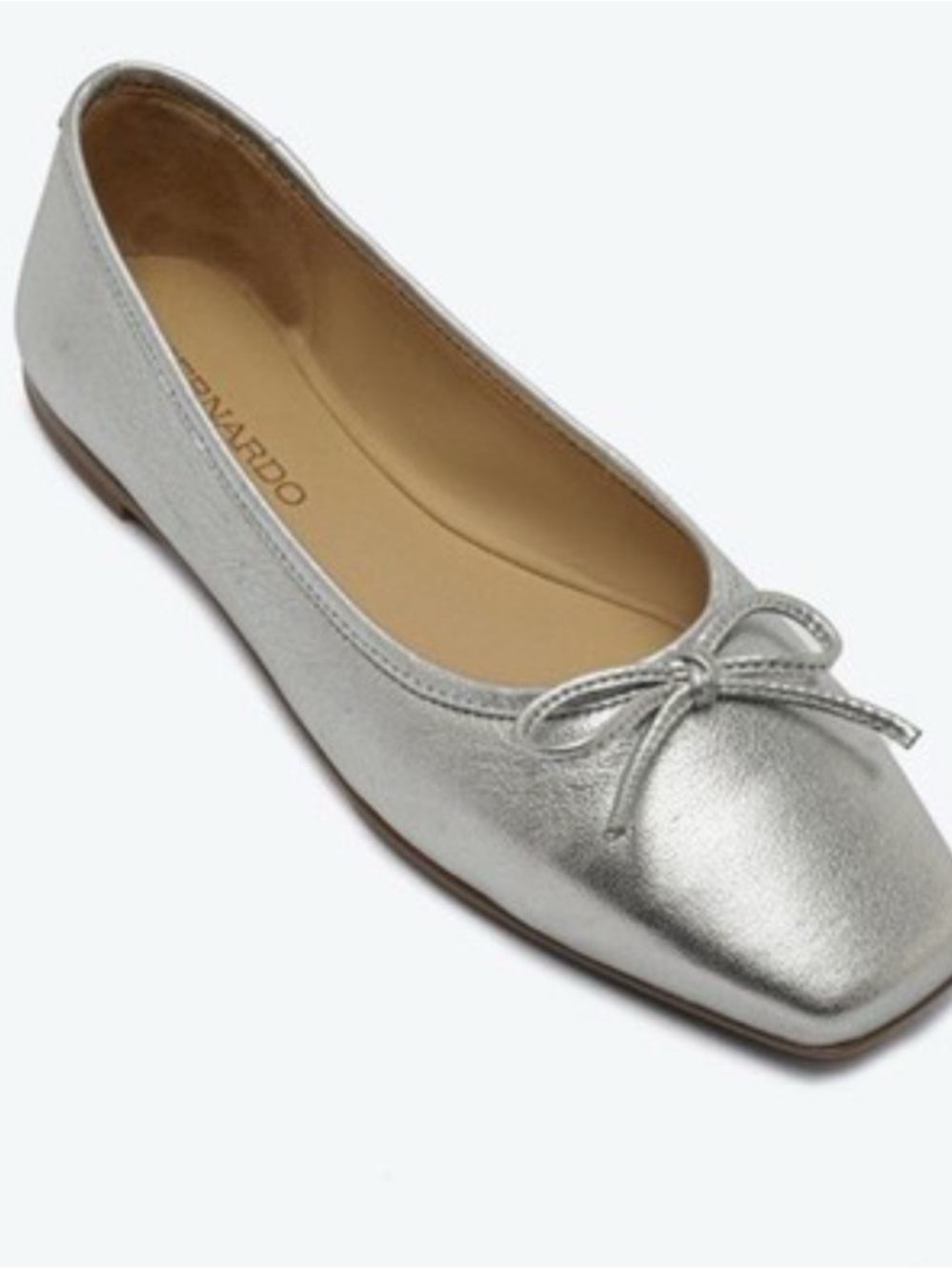 Bernardo Silver Metallic Square-Toe Ballet Flat with Bow Accent